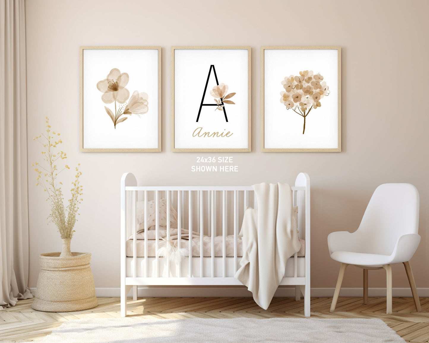 Personalized Boho Floral Set of 3 Nursery Art Prints, Nursery Wall Art, Neutral Nursery Decor, Play Room, Girl Baby Room, 097