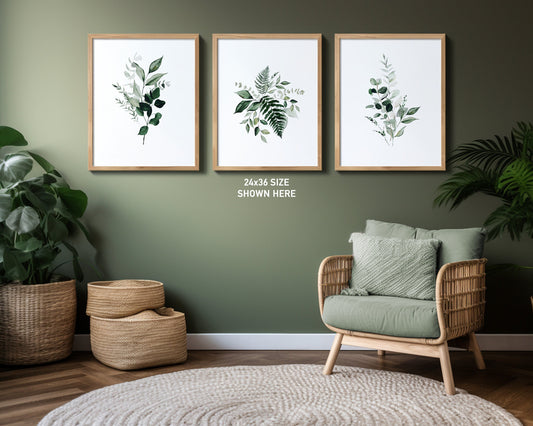 Set of 3 Botanical Greenery Art Prints, Watercolor Foliage, Home Decor, Bedroom Art, Living Room Decor, Sage Green