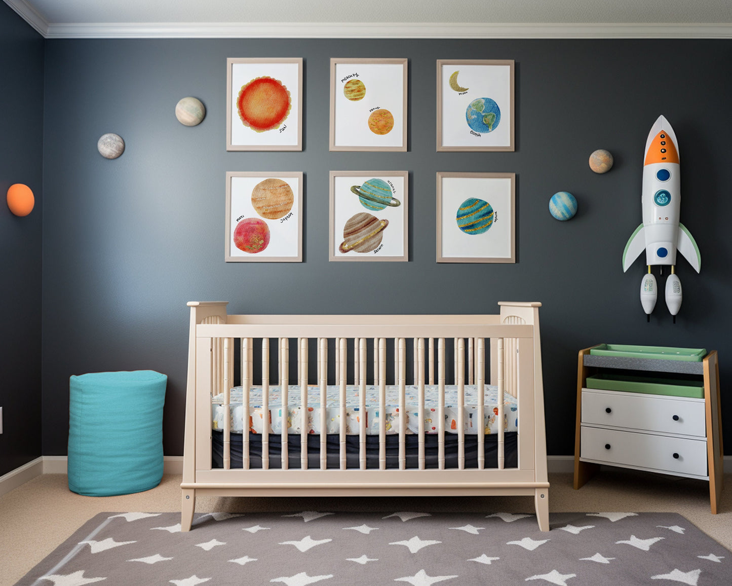 Planet Set of 6 Nursery Art Prints, Planets Wall Art, Solar System Nursery Decor, Play Room, Outer Space Baby Room Ideas