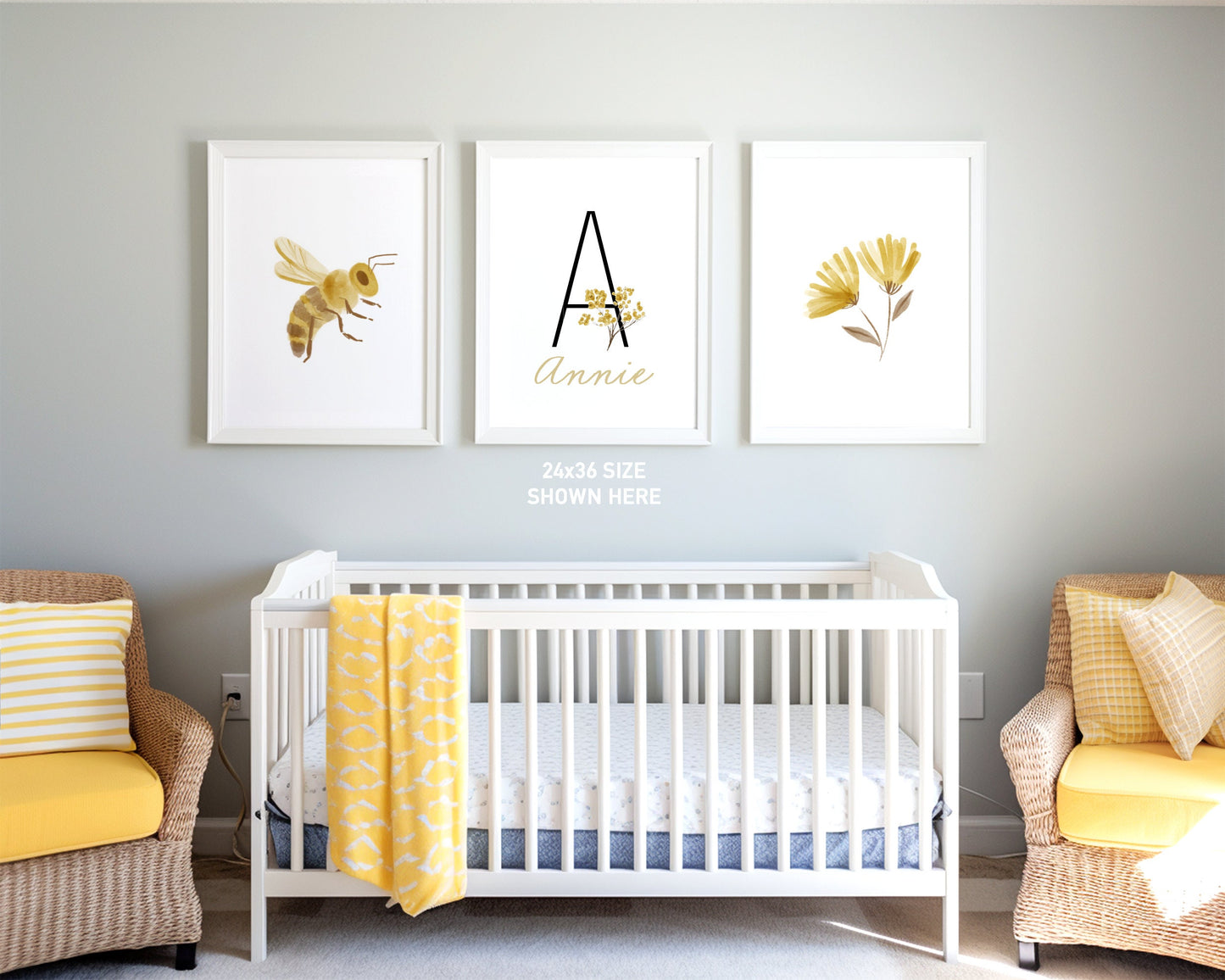 Personalized Set of 3 Boho Floral Bee Art Prints, Bumble Bee, Yellow Nursery Wall Art, Nursery Decor, Play Room, Baby Room Ideas, 113