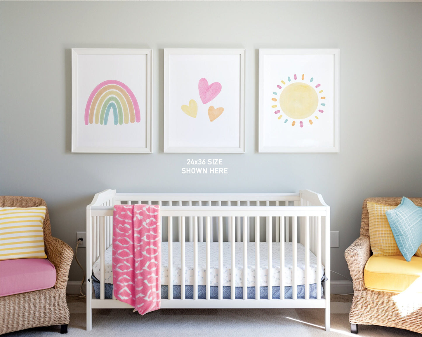 Set of 3 Nursery Art Prints with Pastel Rainbow, Sun and Hearts