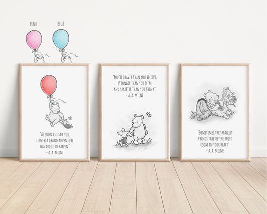 Set of 3 Classic Winnie-the-Pooh Nursery art prints, Gender Neutral Nursery, B&W, Winnie-the-Pooh inspirational quotes, new baby gift, 132