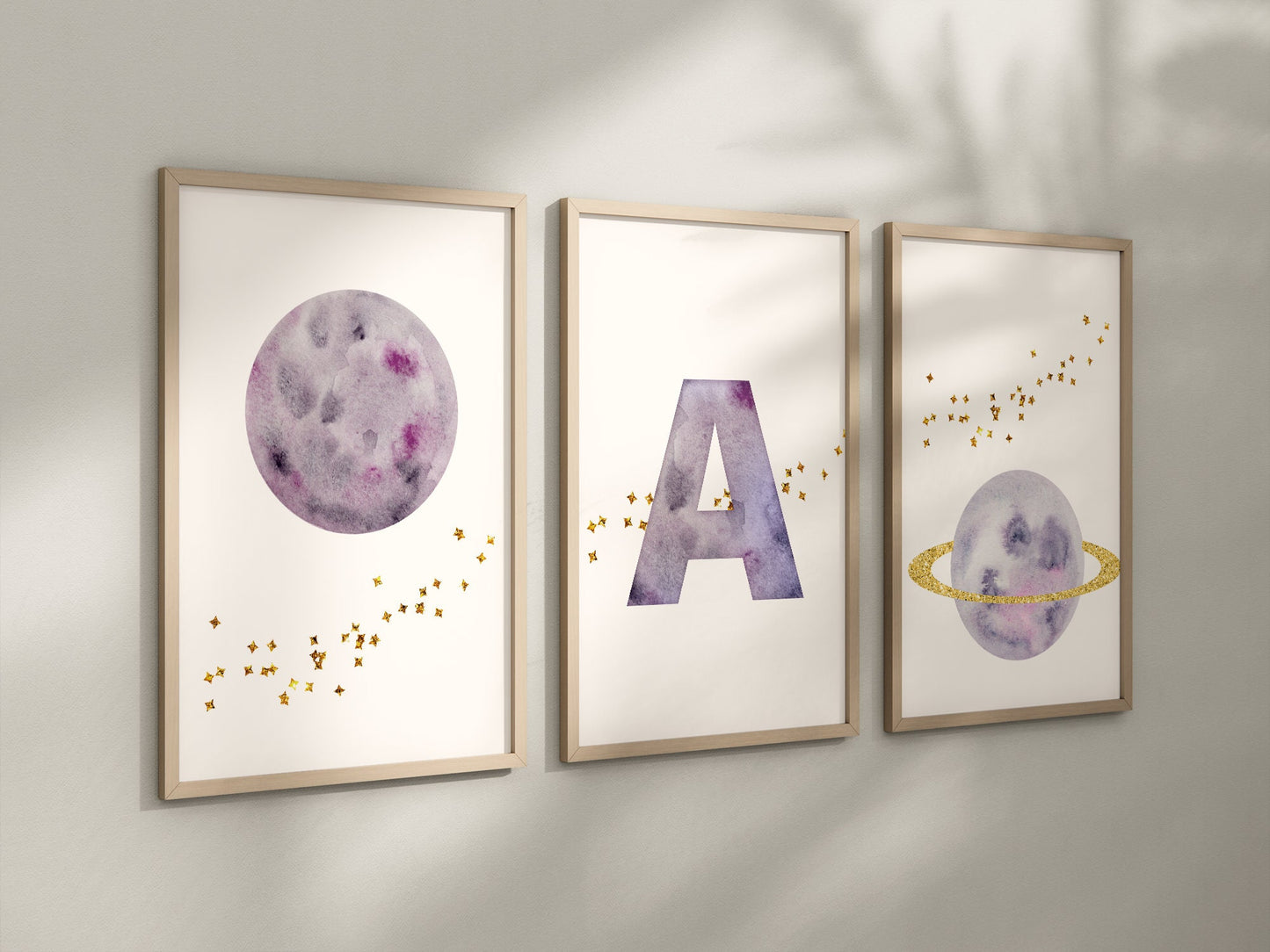 Personalized Purple Planet Set of 3 Nursery Art Prints, Wall Art, Galaxy Nursery Decor, Play Room, Girl space Baby Room Ideas, 137
