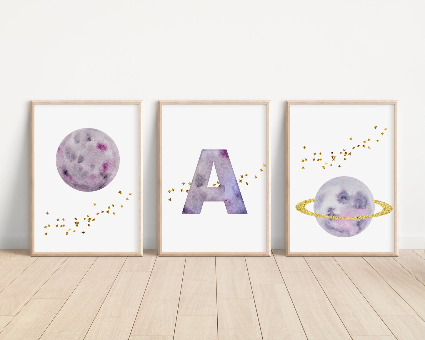 Personalized Purple Planet Set of 3 Nursery Art Prints, Wall Art, Galaxy Nursery Decor, Play Room, Girl space Baby Room Ideas, 137