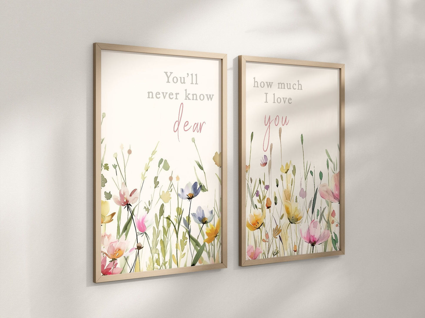 Set of 2 Boho Floral Nursery art prints, Gender Neutral, Girl Wildflower Prints, Pastel Colors, Nursery quotes, new baby gift, 140