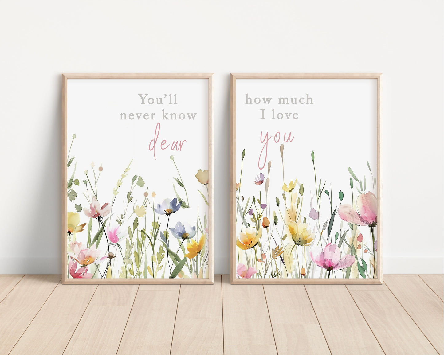 Set of 2 Boho Floral Nursery art prints, Gender Neutral, Girl Wildflower Prints, Pastel Colors, Nursery quotes, new baby gift, 140