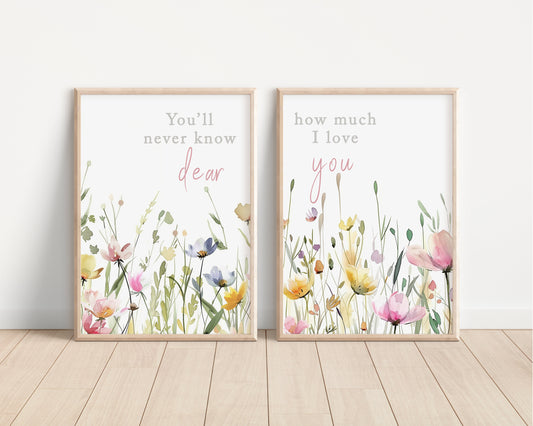 Set of 2 Boho Floral Nursery art prints, Gender Neutral, Girl Wildflower Prints, Pastel Colors, Nursery quotes, new baby gift, 140