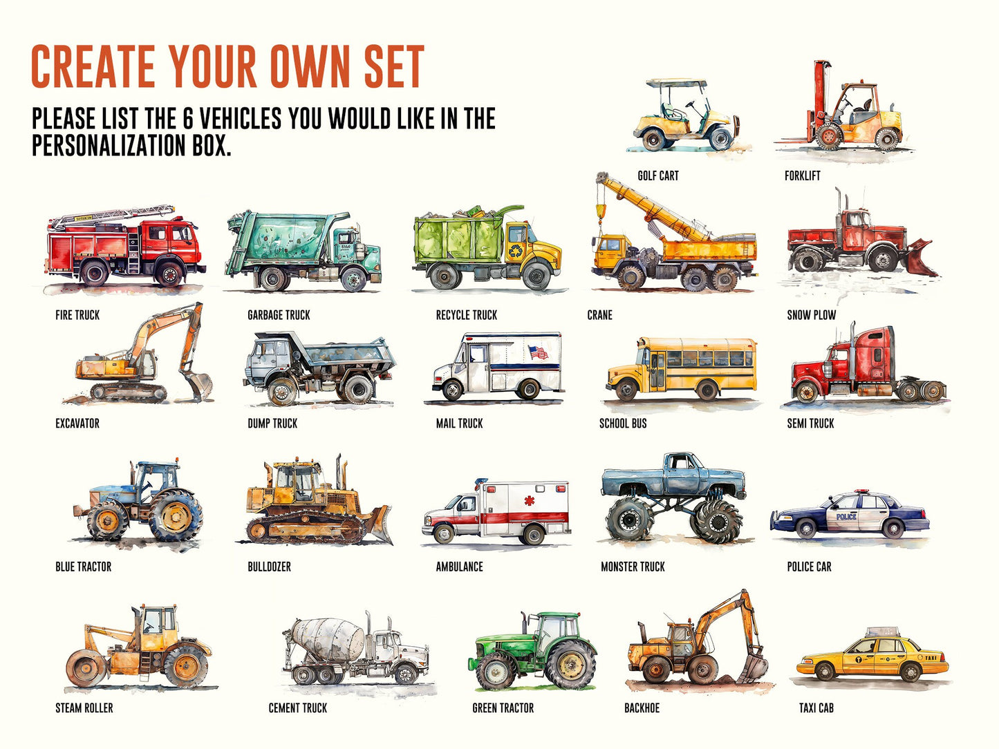 Set of 6 Construction Vehicle Prints, Kids Gallery Wall Set, Truck Wall Art, Fire Truck Nursery, Watercolor Painting, Dump Truck Decor, 147