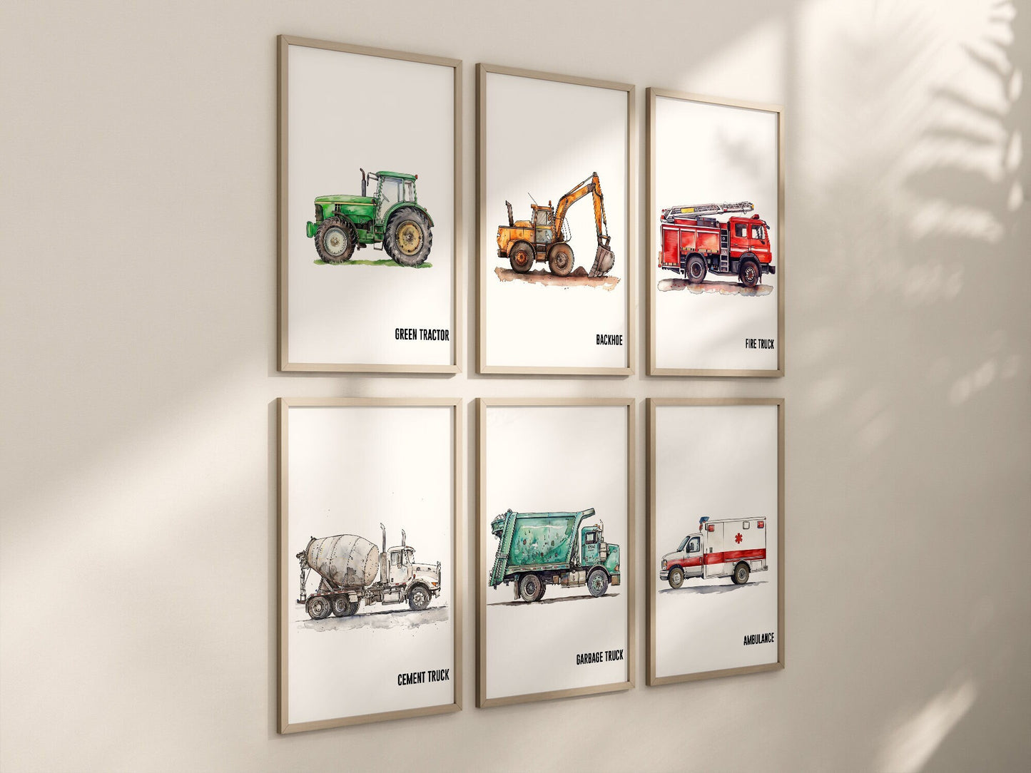 Set of 6 Construction Vehicle Prints, Kids Gallery Wall Set, Truck Wall Art, Fire Truck Nursery, Watercolor Painting, Dump Truck Decor, 147