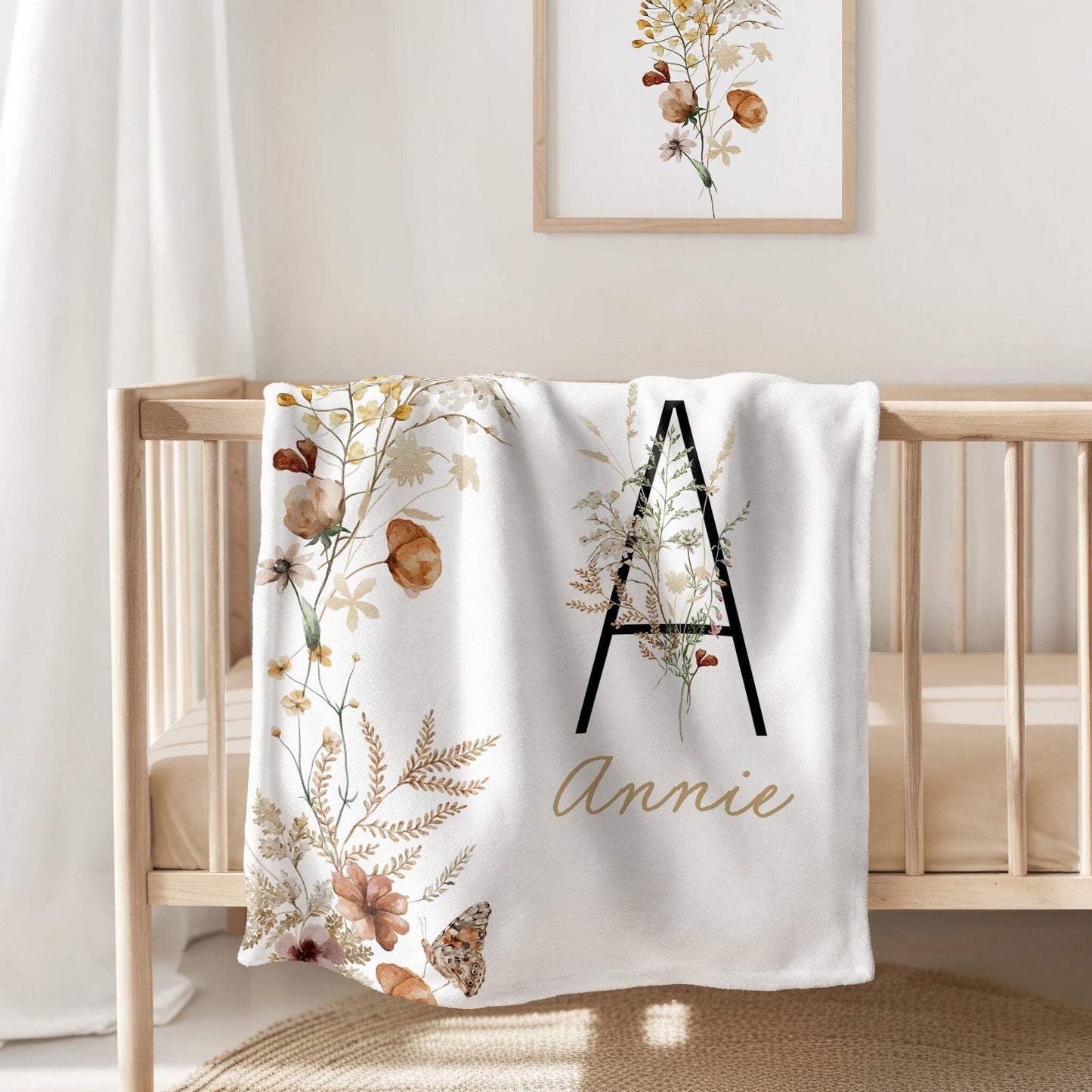 Personalized Boho Wildflowers Floral Nursery Blanket, Butterfly Botanical, Bloom Bouquet, Nursery Decor, Baby Shower Gift, Gender Neutral