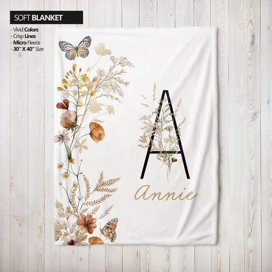 Personalized Boho Wildflowers Floral Nursery Blanket, Butterfly Botanical, Bloom Bouquet, Nursery Decor, Baby Shower Gift, Gender Neutral