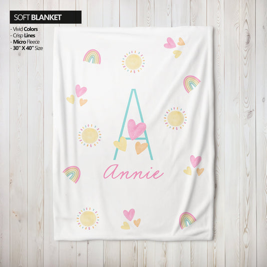 Personalized Pastel Rainbow Nursery Blanket, Sun, Hearts, Colorful, Nursery Decor, Baby Shower Gift, Gender Neutral