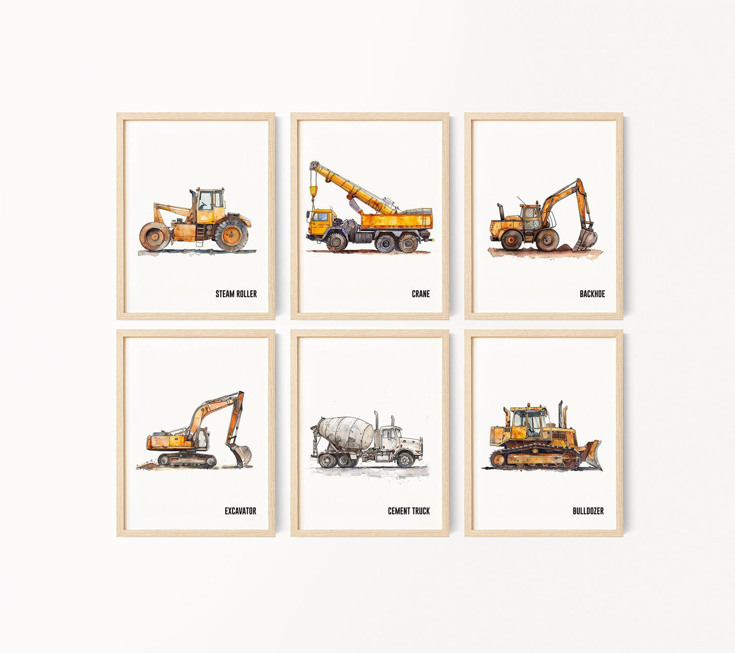 Set of 6 Construction Vehicle Prints, Kids Gallery Wall Set, Truck Wall Art, Fire Truck Nursery, Watercolor Painting, Dump Truck Decor, 147