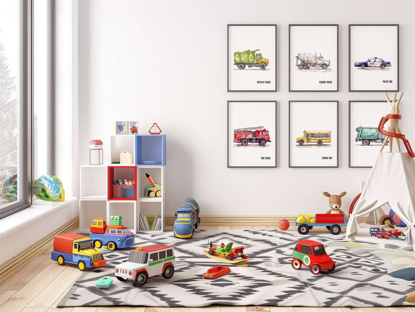 Set of 6 Construction Vehicle Prints, Kids Gallery Wall Set, Truck Wall Art, Fire Truck Nursery, Watercolor Painting, Dump Truck Decor, 147