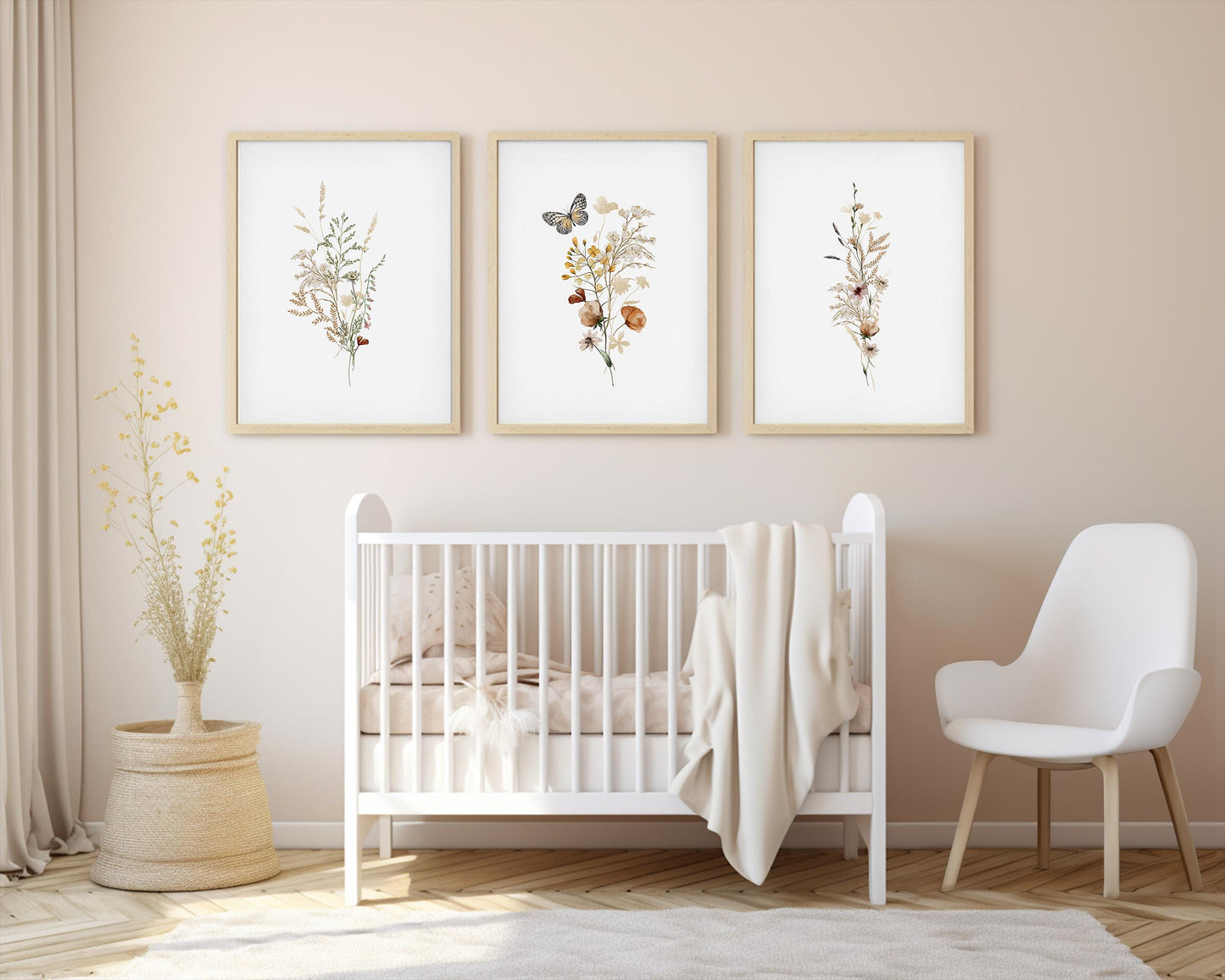 Set of 3 Boho Butterfly and Wildflowers Floral Art Prints