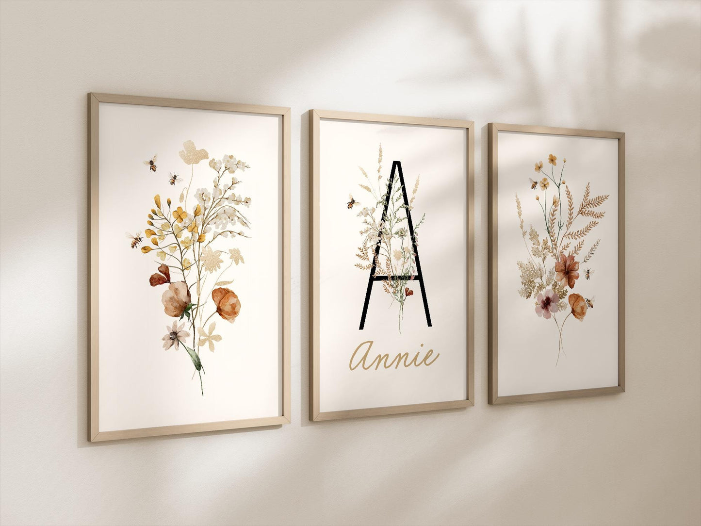 Personalized Set of 3 Honey Bee Wildflowers Floral Art Prints