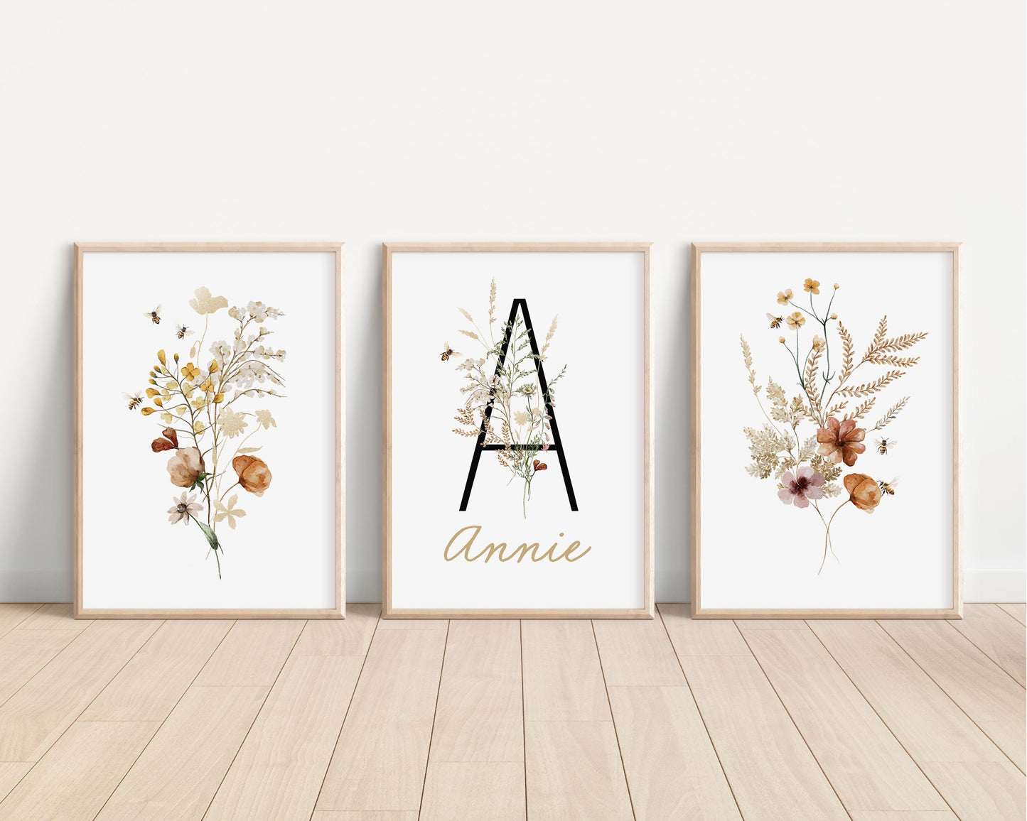 Personalized Set of 3 Honey Bee Wildflowers Floral Art Prints