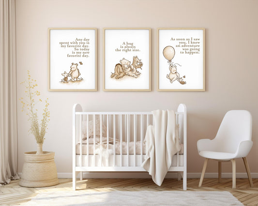 Set of 3 Classic Winnie-the-Pooh Nursery Art Prints, Gender Neutral