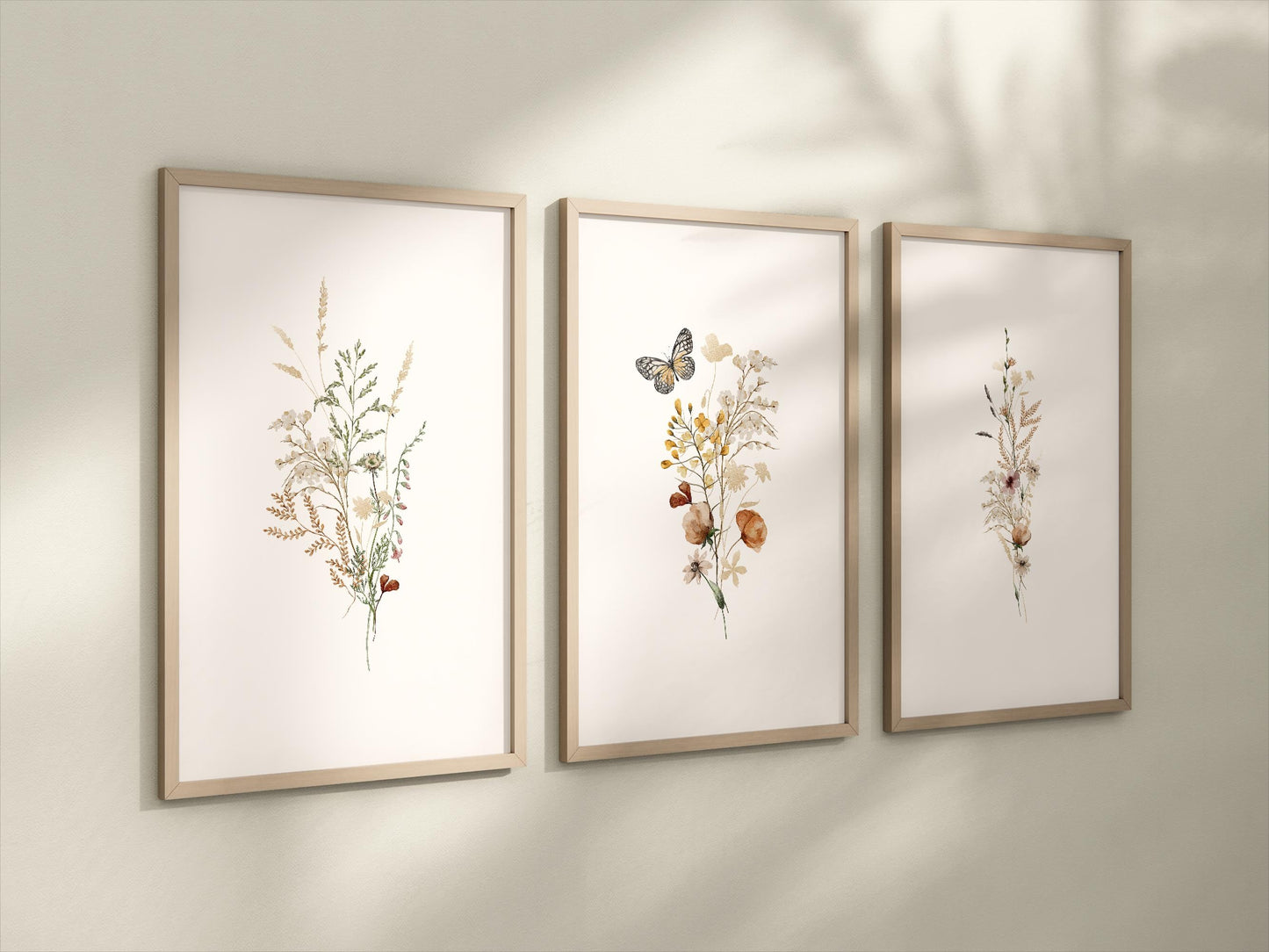 Set of 3 Boho Butterfly and Wildflowers Floral Art Prints