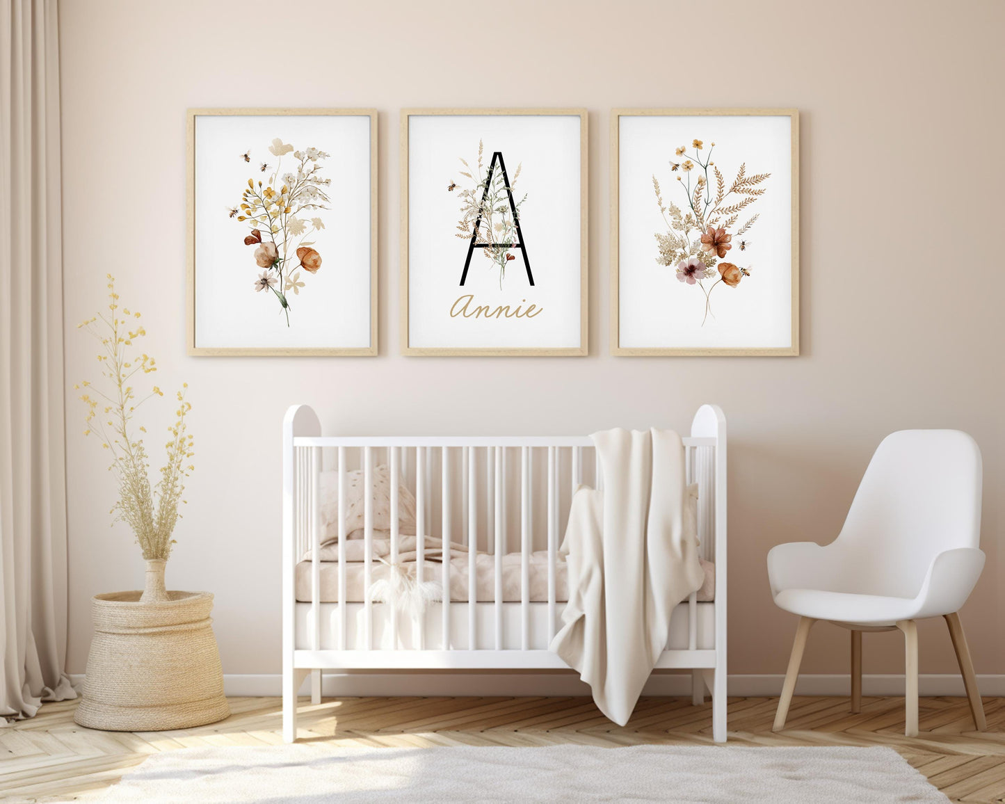 Personalized Set of 3 Honey Bee Wildflowers Floral Art Prints
