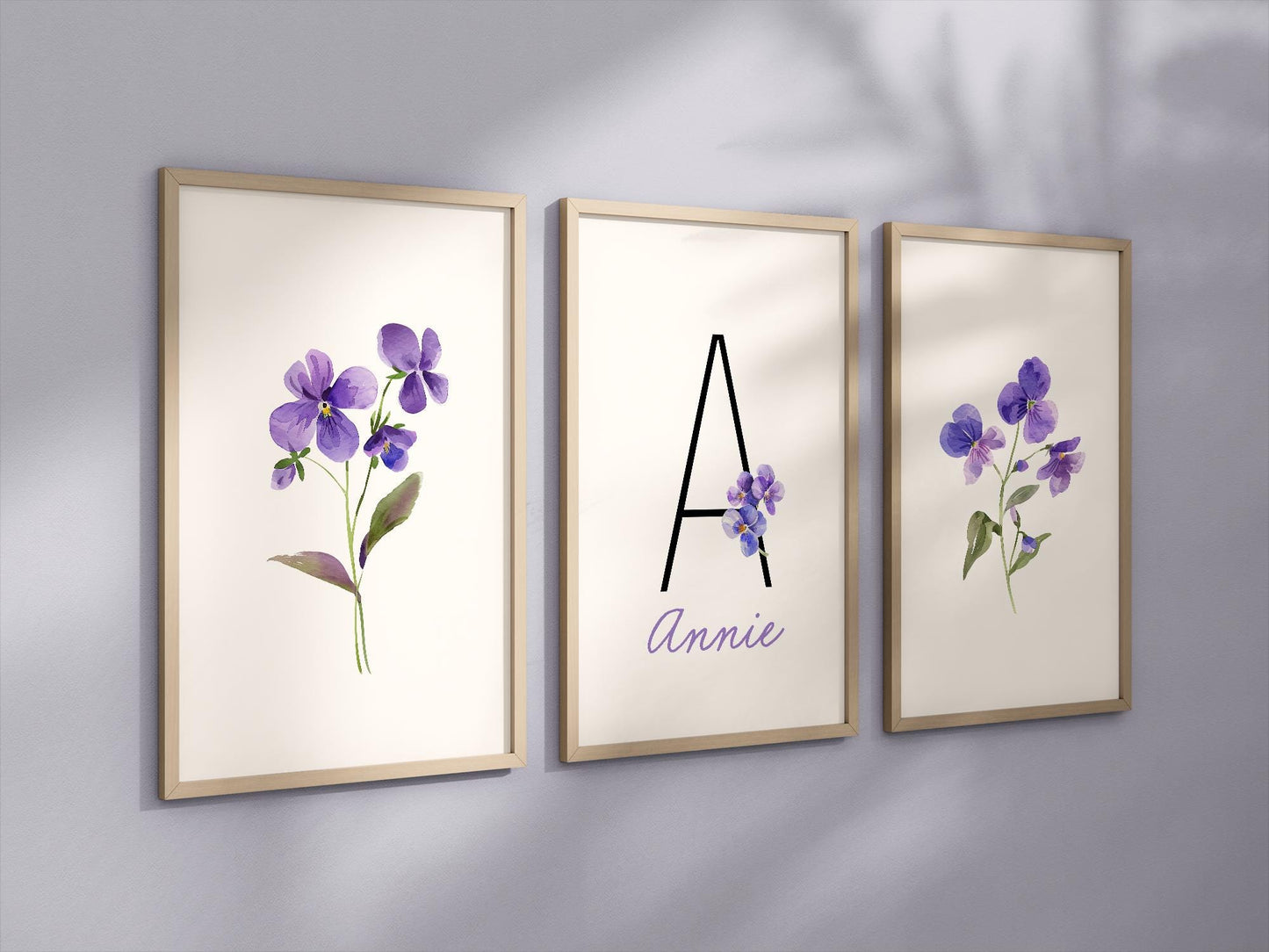Personalized Set of 3 Violet Flower Art Prints, Wall Art, Bloom Bouquet, Nursery Decor, Play Room, Girl Baby Room Ideas