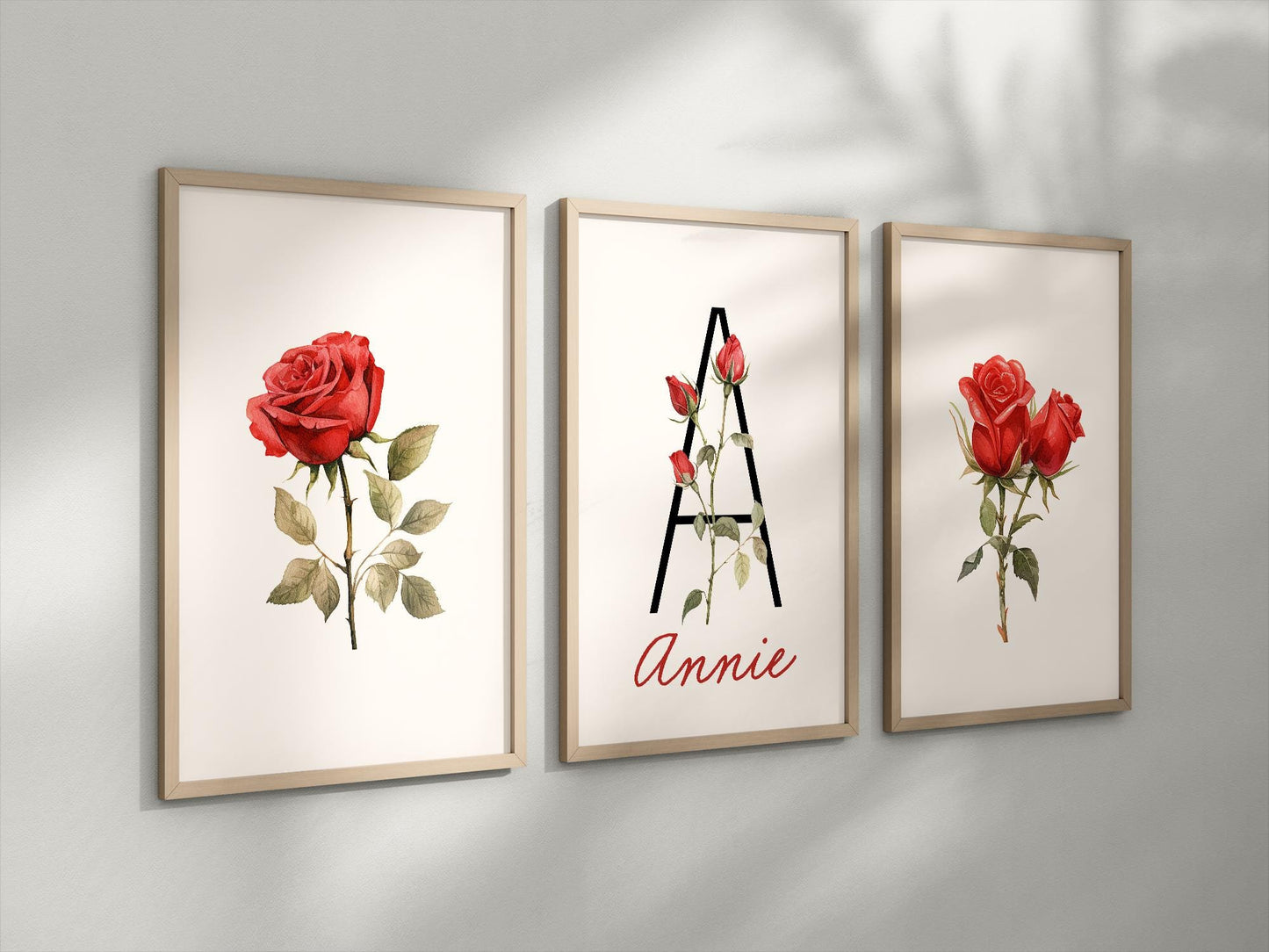 Personalized Set of 3 Red Rose Flower Art Prints, Wall Art, Bloom Bouquet, Nursery Decor, Play Room, Baby Room Ideas