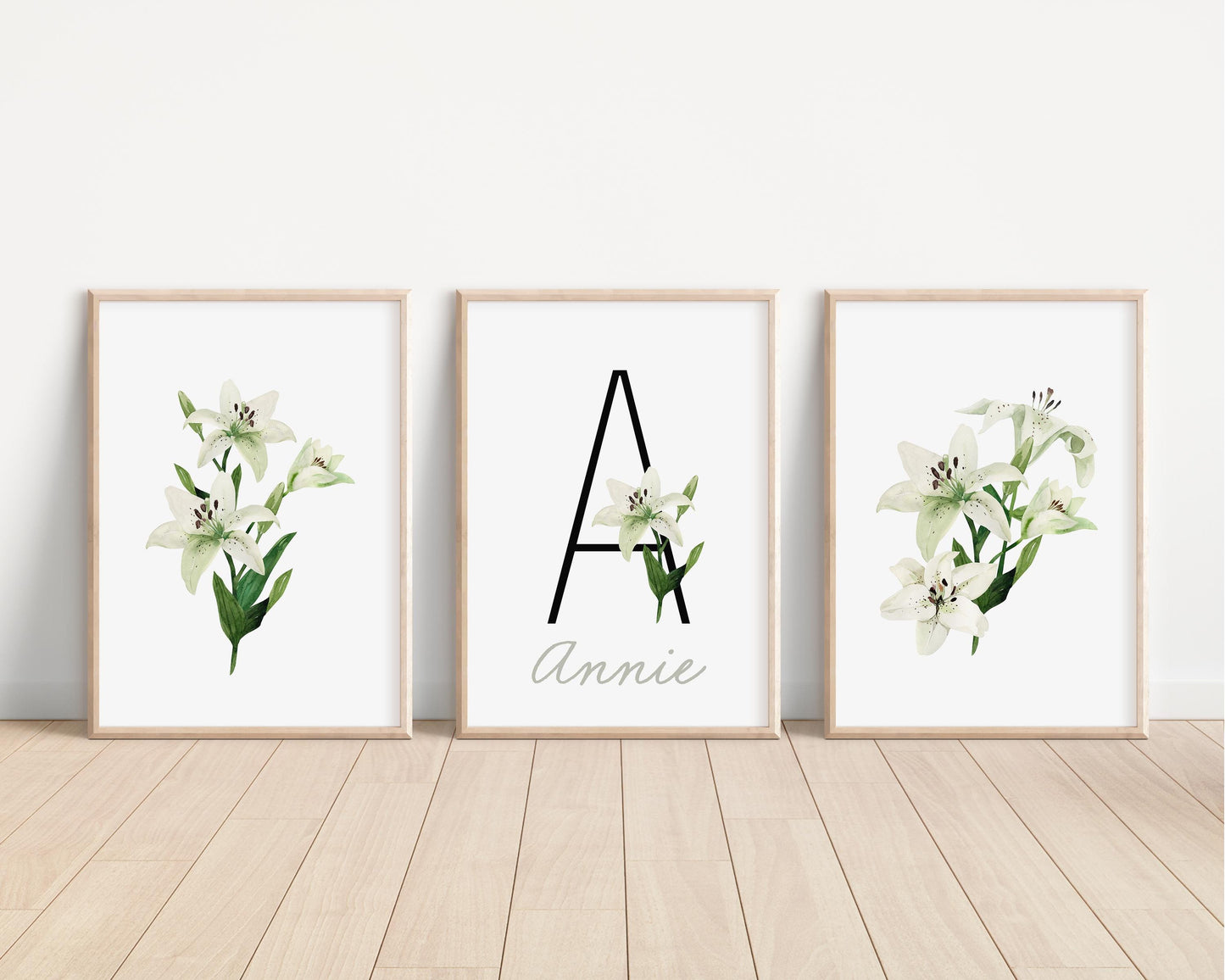 Personalized Set of White Lily Flower Art Prints, Wall Art, Bloom Bouquet, Nursery Decor, Play Room, Baby Room Ideas