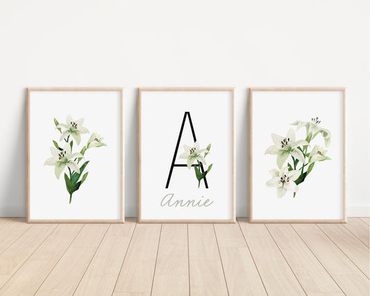 Personalized Set of White Lily Flower Art Prints, Wall Art, Bloom Bouquet, Nursery Decor, Play Room, Baby Room Ideas