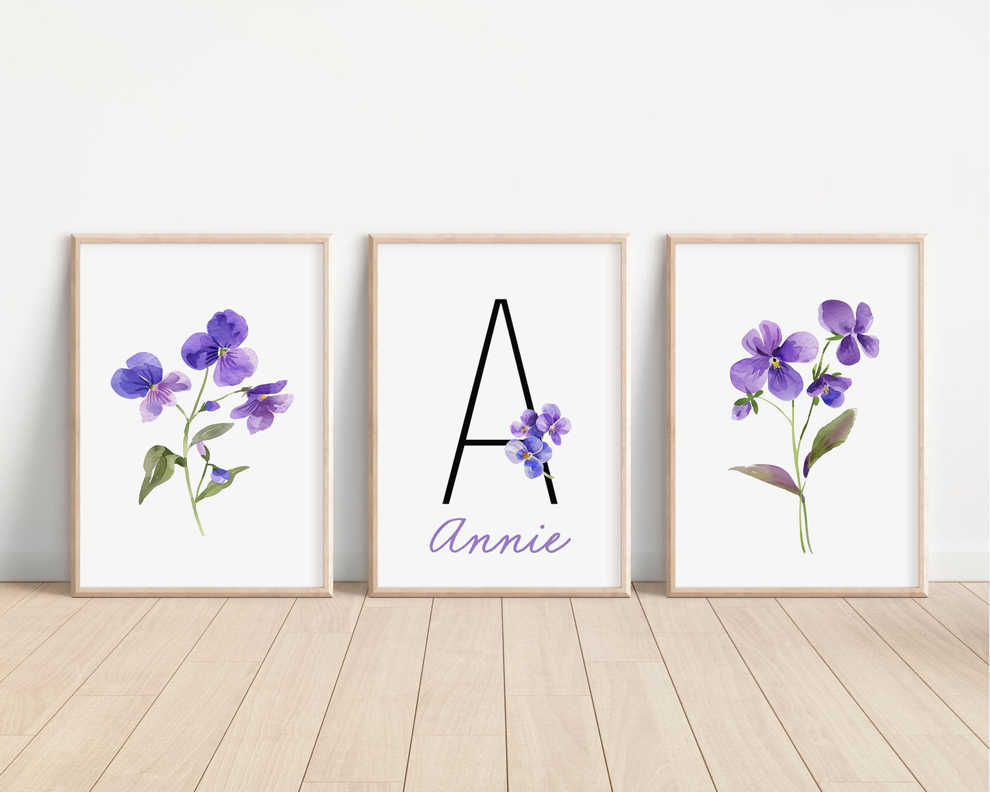 Personalized Set of 3 Violet Flower Art Prints, Wall Art, Bloom Bouquet, Nursery Decor, Play Room, Girl Baby Room Ideas