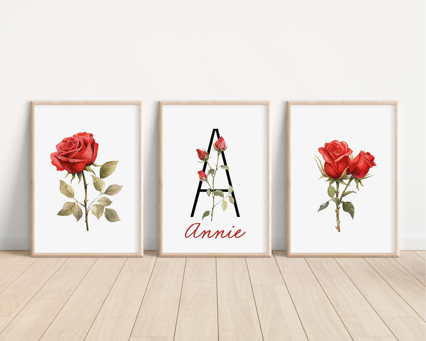 Personalized Set of 3 Red Rose Flower Art Prints, Wall Art, Bloom Bouquet, Nursery Decor, Play Room, Baby Room Ideas