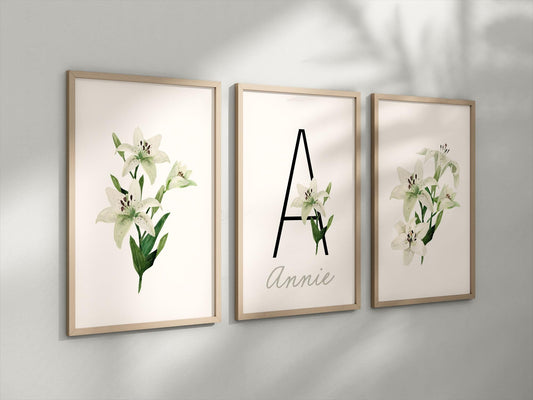 Personalized Set of White Lily Flower Art Prints, Wall Art, Bloom Bouquet, Nursery Decor, Play Room, Baby Room Ideas