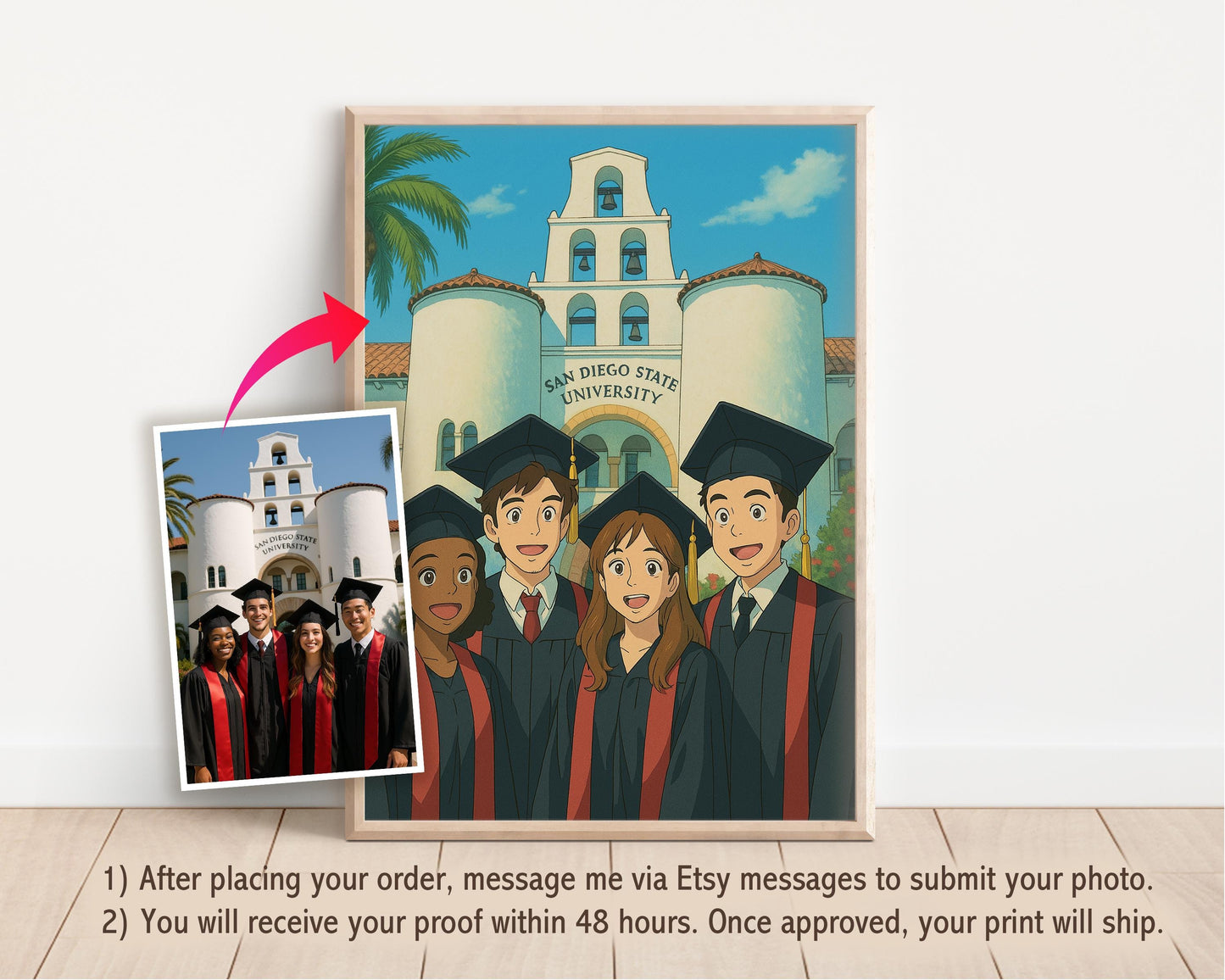 Custom Graduation Anime Portrait, Ghibli Style, Grad Printed Gift