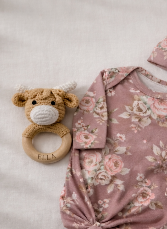 Personalized Highland Cow Baby Rattle