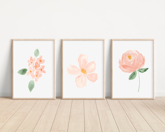 Blush Floral Set of 3 Nursery Art Prints, Pink Nursery Wall Art, Nursery Decor, Play Room, Girl Baby Room Ideas