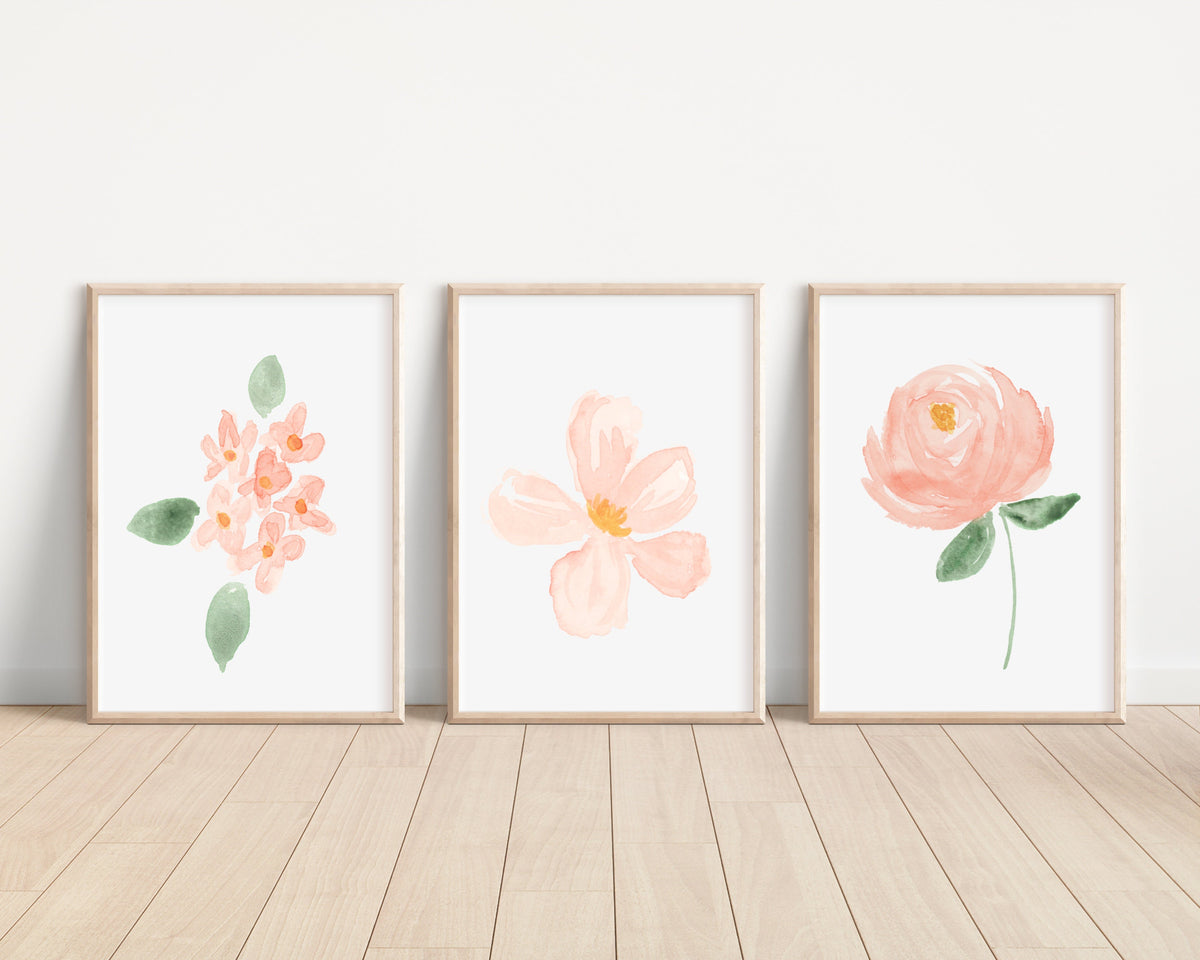 Blush Floral Set of 3 Nursery Art Prints, Pink Nursery Wall Art, Nursery Decor, Play Room, Girl Baby Room Ideas
