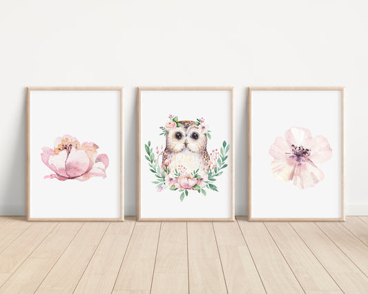 Owl Pink Floral Set of 3 Nursery Art Prints, Girl Nursery Wall Art, Owl Nursery Decor, Play Room, Girl Baby Room Ideas, Kids room, 012