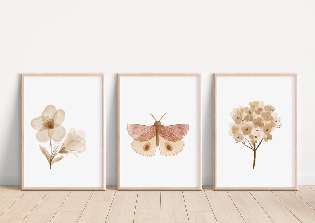 Boho Butterfly Floral Set of 3 Nursery Art Prints, Butterfly Nursery Wall Art, Neutral Nursery Decor, Play Room, Girl Baby Room Ideas, 008