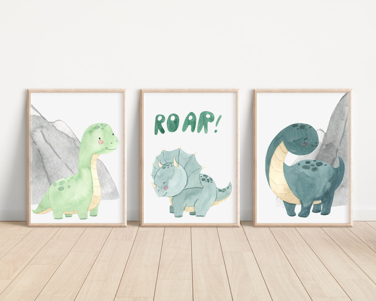 Dinosaur Set of 3 Nursery Art Prints, Boy Nursery Wall Art Blue Green, Dino Nursery Decor, Play Room, Boy Baby Ideas, Kids room, roar,006