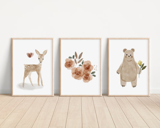 Boho Woodland Floral Animal Set of 3 Nursery Art Prints, Floral Nursery Wall Art, Neutral Nursery Decor, Play Room, Girl Baby Room Ideas,002