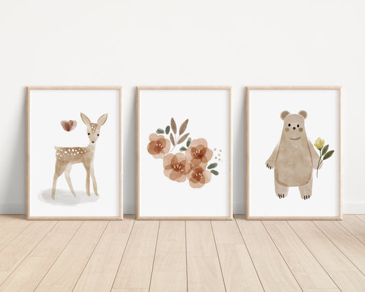 Boho Woodland Floral Animal Set of 3 Nursery Art Prints, Floral Nursery Wall Art, Neutral Nursery Decor, Play Room, Girl Baby Room Ideas,002