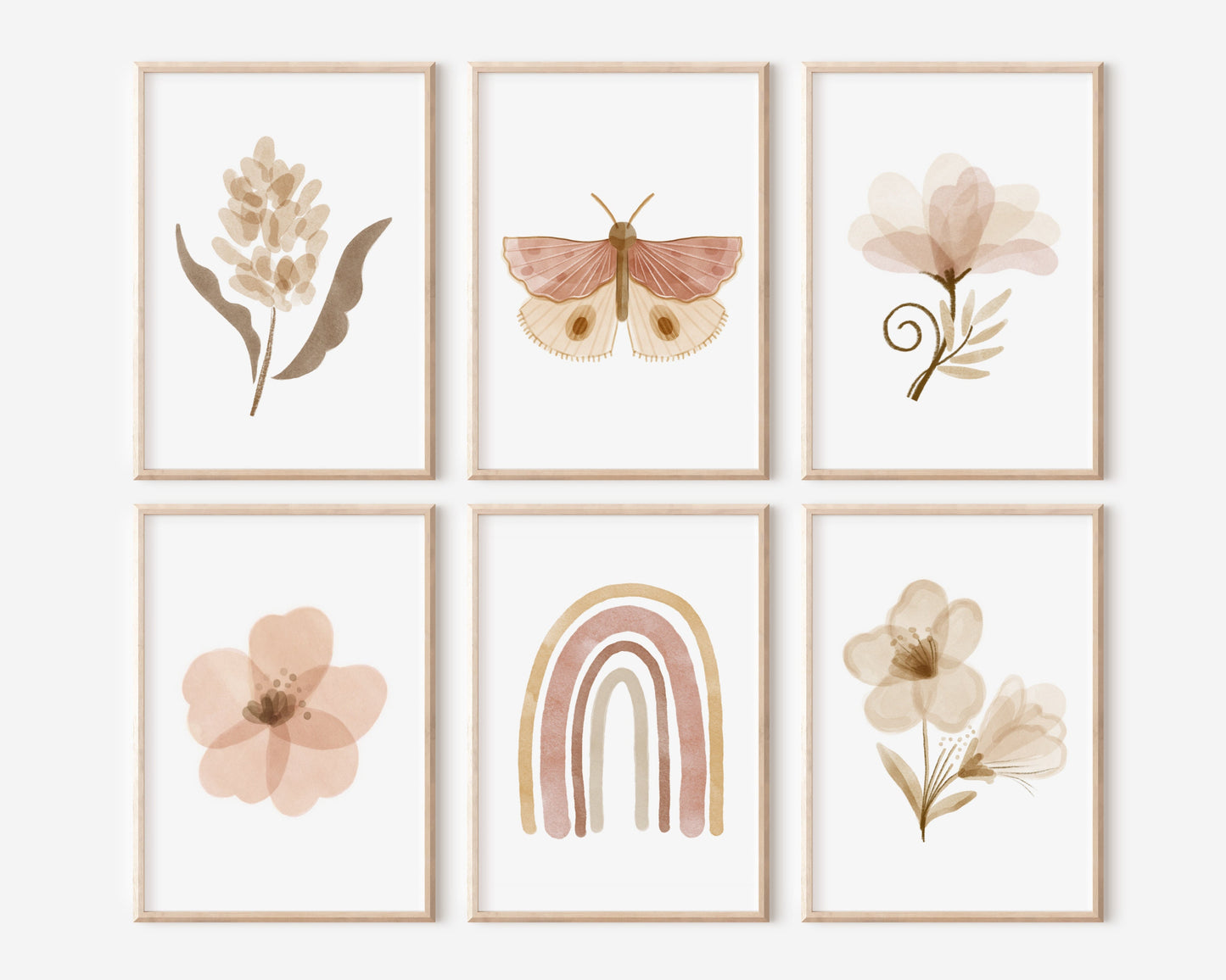 Boho Butterfly Floral Set of 6 Nursery Art Prints, Rainbow Nursery Wall Art, Neutral Nursery Decor, Play Room, Girl Baby Room Ideas