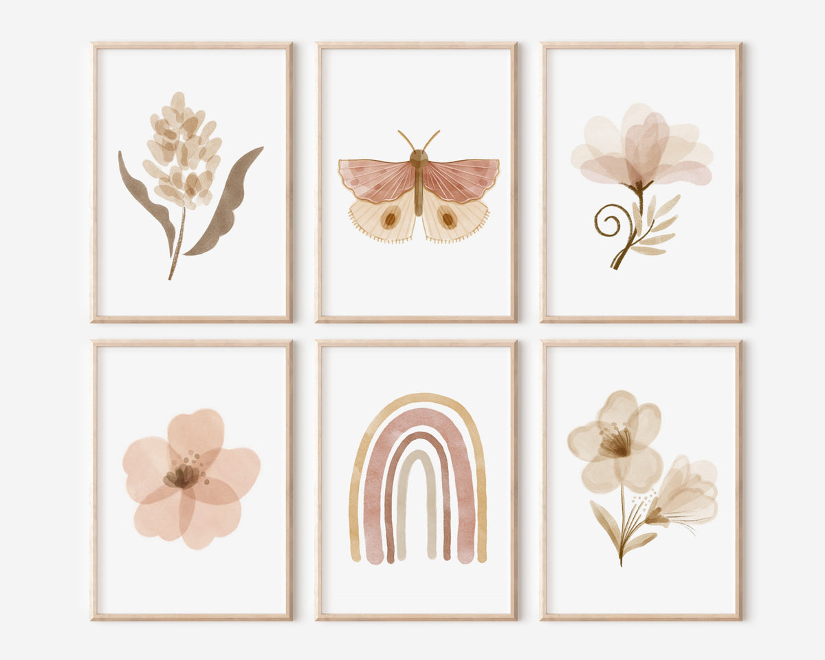 Boho Butterfly Floral Set of 6 Nursery Art Prints, Rainbow Nursery Wall Art, Neutral Nursery Decor, Play Room, Girl Baby Room Ideas