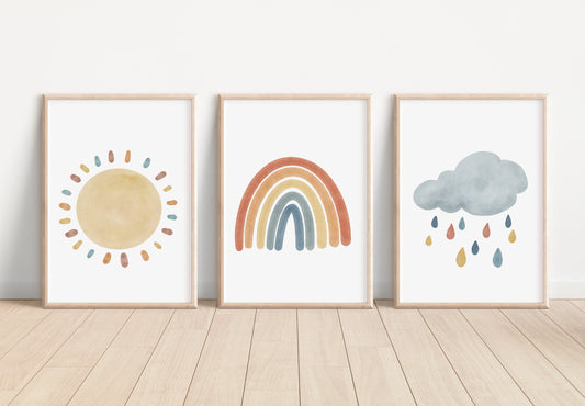 Boho Rainbow Sun Cloud Set of 3 Nursery Art Prints, Weather colorful Nursery Wall Art, Nursery Decor, Play Room, Baby Room Ideas, 007