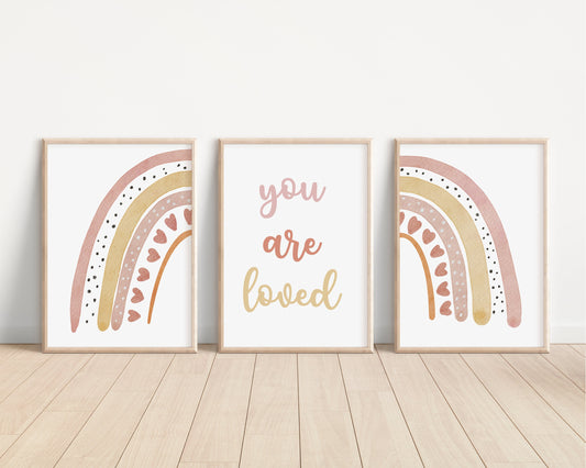 Boho Rainbow Set of 3 Nursery Art Prints, Rainbow Nursery Wall Art, You Are Loved, Neutral Nursery Decor, Play Room, Girl Baby, 014