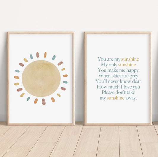 You Are My Sunshine Set of 2 Nursery Prints, Nursery Wall Art, You are my Sunshine Artwork, Sun Nursery Artwork, Boho Nursery Artwork