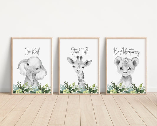 Safari Animal Set of 3 Greenery Nursery Art Prints, Jungle Theme, Black and White,  Neutral Nursery Art, Lion, Nursery Decor, Play Room, 021
