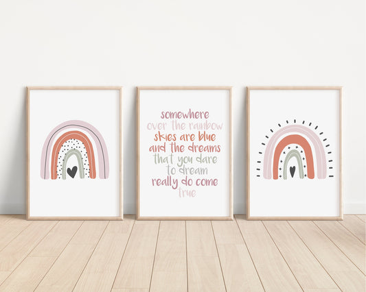 Boho Rainbow Set of 3 Nursery Art Prints, Girl colorful Nursery Wall Art, Nursery Decor, Play Room, Baby Room Ideas,Rainbow, Pink
