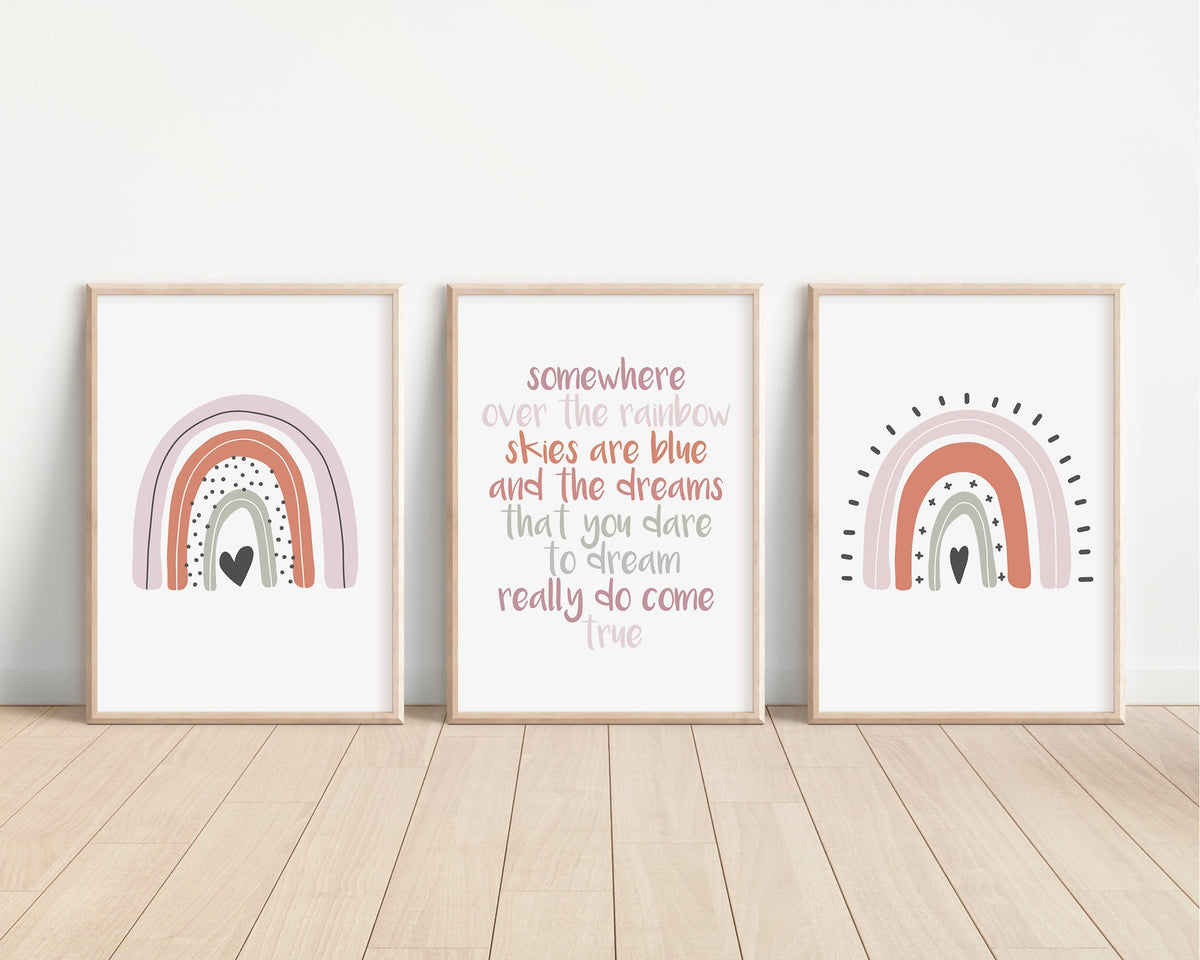 Boho Rainbow Set of 3 Nursery Art Prints, Girl colorful Nursery Wall Art, Nursery Decor, Play Room, Baby Room Ideas,Rainbow, Pink
