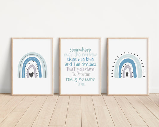 Boho Rainbow Set of 3 Nursery Art Prints, Blue Boy Colorful Nursery Wall Art, Nursery Decor, Play Room, Baby Room Ideas,Rainbow