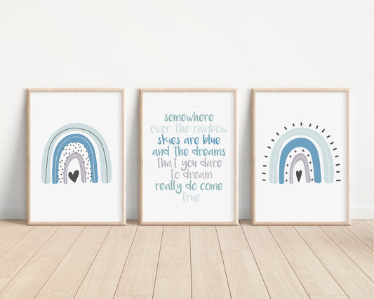 Boho Rainbow Set of 3 Nursery Art Prints, Blue Boy Colorful Nursery Wall Art, Nursery Decor, Play Room, Baby Room Ideas,Rainbow